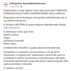 Walter Mikes erhält den Ehrenpreis der Jury bei der Biennale d'Arte Contemporanea della Versilia 2019